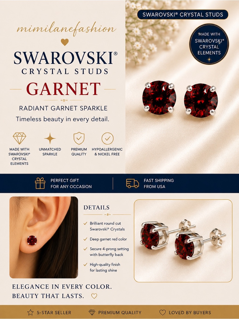 Garnet Round Crystal Stud Earrings - Deep Red